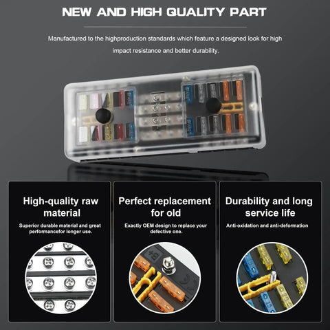 20 Way Blade Fuse Block 16 Circuit Fuse Holder DC Sub Panel With Ground And Cover For SUV Boat Yacht RV Car Marine Truck Trike Vehicle Plug In Ready, showcasing design and features.