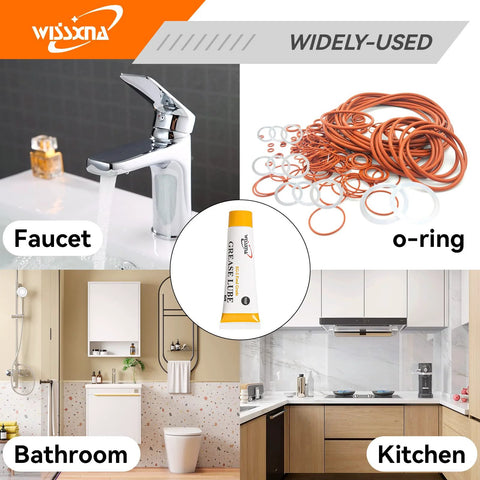 Two Wissxna silicone grease tubes for sanitary lubrication, shown with faucet and o-rings in bathroom and kitchen.