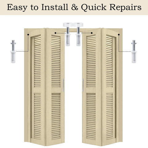 Spring Loaded Bi-Fold Door Top Roller Guide Wheel And Pivot Kit 4 Pack Hardware Repair Kit For Bifold Closets Folding Pocket Accordion And Barn Doors Easy Install Heavy Duty Durable Steel Components shown installed on bifold doors