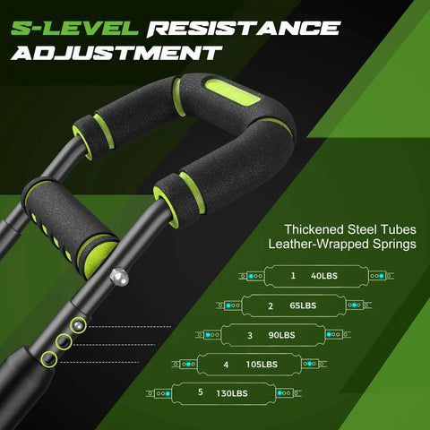 Twister Arm Trainer For Men Premium Steel Frame With 5 Level Adjustable Resistance 40 To 130 Lbs showing resistance settings.