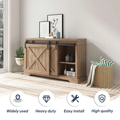 4 Ft Mini Cabinet Bypass Barn Door Hardware Kit With Single Track, installed on wooden cabinet, 48 Inch Sliding Barn Door Kit