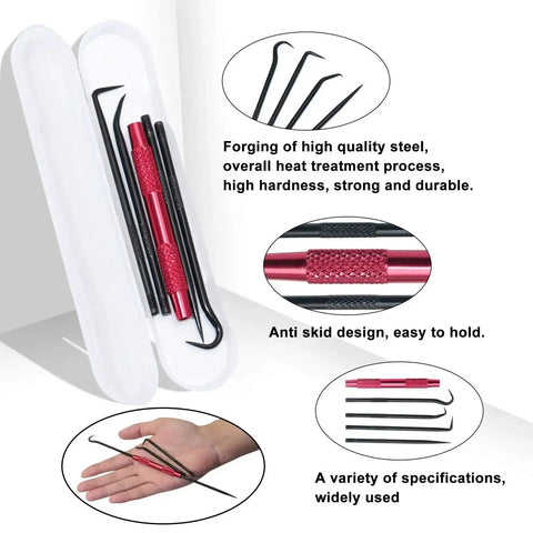 Metal hook tool set with textured grip and various specifications, displayed in a white case with focus on design and durability.