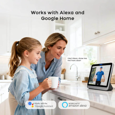 Woman and child view live feed on tablet from 2K Wireless Video Doorbell Camera With Live View Color Night Vision Smart Human Detection 180 Degree Field Of View Motion Alerts Chime Included Two Way Talk Cloud Storage 2.4 GHz WiFi Compatible With Alexa And Google Assistant