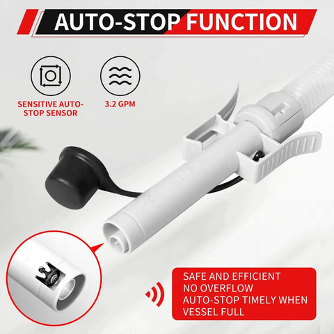 Close-up view of Automatic Fuel Transfer Pump With Auto Stop And 51 Inch Hose For Gas Oil Diesel showing no-drip nozzle.