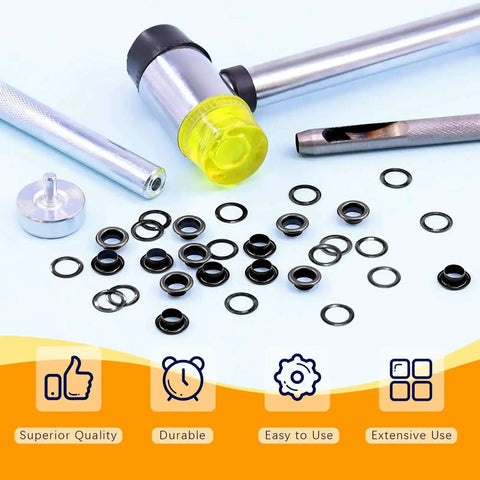 One Quarter Inch Black Grommet And Eyelet Kit With 200 Sets And Included Tools for DIY Projects Displayed with Hammer and Install Rod