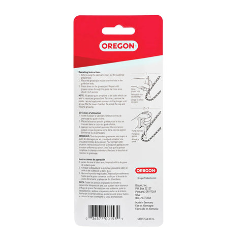 Oregon grease gun for chainsaws packaging with red top logo; back panel shows operating instructions and diagrams.