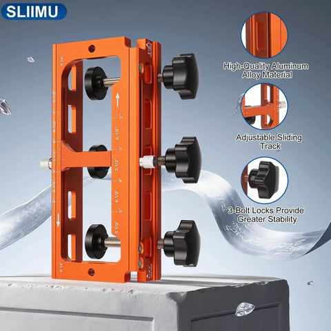 Pro Grade Aluminum Door Hinge Jig Kit For Router Mortise Template with adjustable sliding track and bolt locks on display