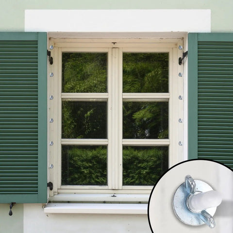 Window with shutters showing All In One Hurricane Anchor Kit 40 Set Quarter Inch 20 Thread For Window Board Panel and clear insert of installed anchor