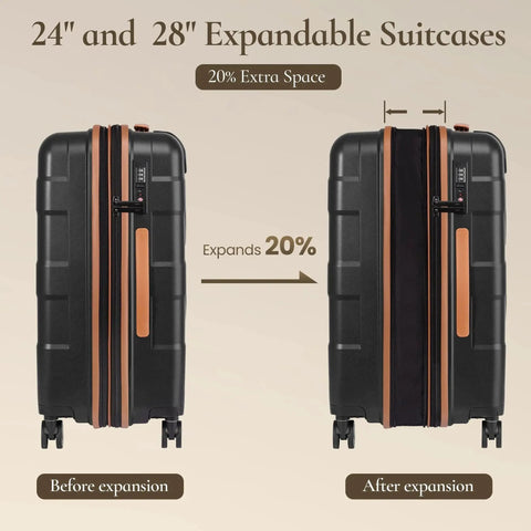 24 and 28 inch expandable suitcases, before and after expansion, from the Three Piece Hardside Luggage Set With Spinner Wheels And TSA Lock