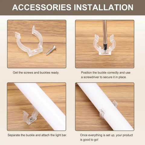U Clip Tube Light Holder Bracket Set For LED Fluorescent Tubes, Plastic Pipe Clamps With Screws For No Fuss Ceiling Or Wall Mounts, Clear, Fits T5 Size Tubes, Easy Install, Perfect For Home, Office, Shop, Pack Of 18 installation guide showing clips and screws on a wooden surface.