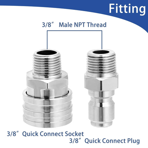 Heavy Duty Stainless Steel Pressure Washer Quick Disconnect Kit With Three Eighths Inch Fittings, Two Sets, Easy Snap Connection