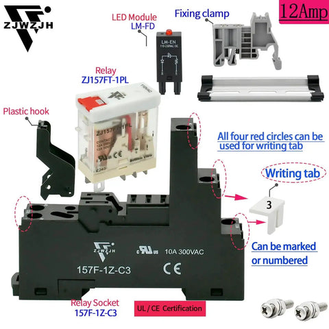 Image of Six Pack 12 Amp 110V Electromagnetic Relay with socket, LED module, fixing clamp, plastic hook, and writing tabs, UL/CE certified.