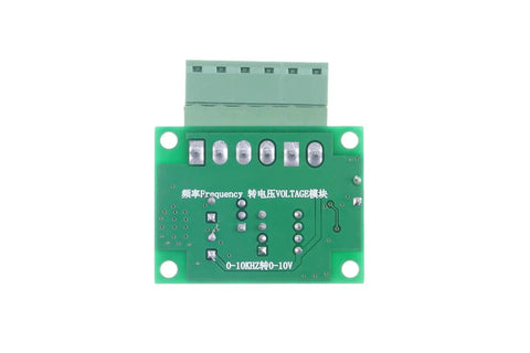 Top view of a plug-and-play frequency to voltage converter module 0 to 3 kHz to 0-5 V analog output for PLC inverter interface.