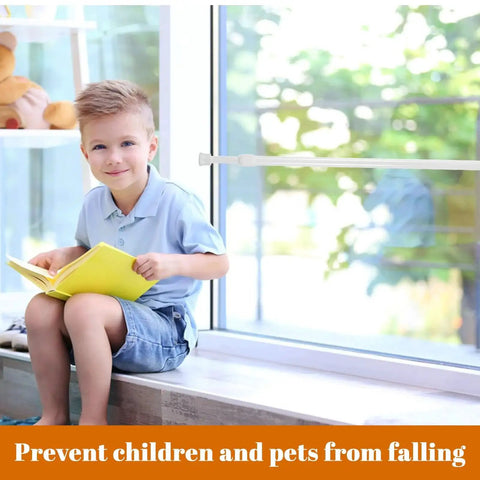 Child sitting by window with adjustable sliding glass door security bar installed for extra protection.