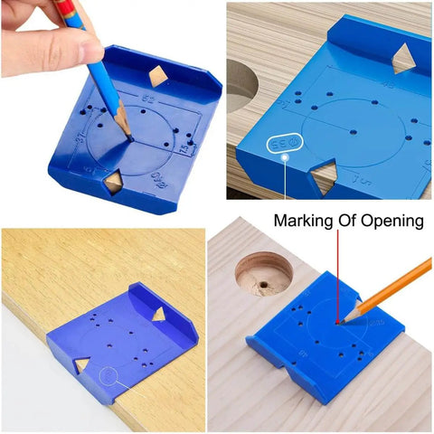 Two Pack Cabinet Door Hinge Jig Kit for Quick Accurate Hinge Hole Positioning on wood surface with pencil marking