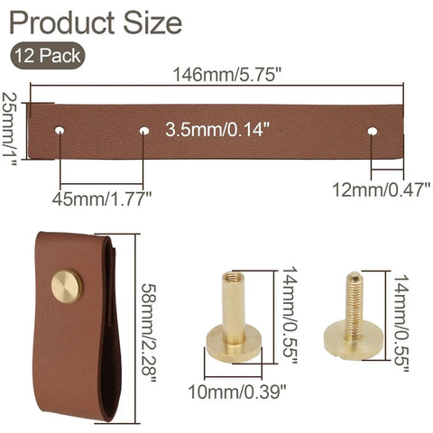 Product dimensions for 12 Pack Brown Leather Drawer Pulls With Single Hole Mount for kitchen cabinets and furniture hardware.