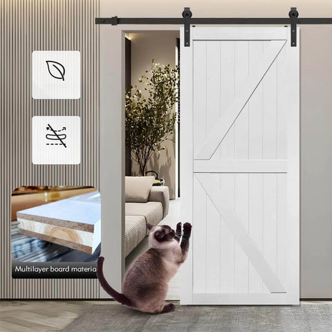 36x84 Inch Double Sliding MDF Barn Door With 13 Ft Hardware Kit Solid Slab Covered In Waterproof PVC Surface installed in a living room