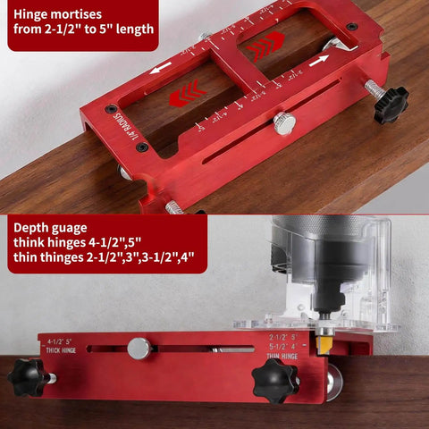 Adjustable Door Hinge Jig Kit With Pro Grade Aluminum Alloy Router Template For Hinges From Two And A Half To Five Inches shown in use on a wooden surface
