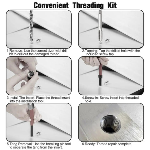 Steps for using Helicoil Thread Repair Kit 131Piece Metric Set For M5 M6 M8 M10 M12 Automotive shown in six panels