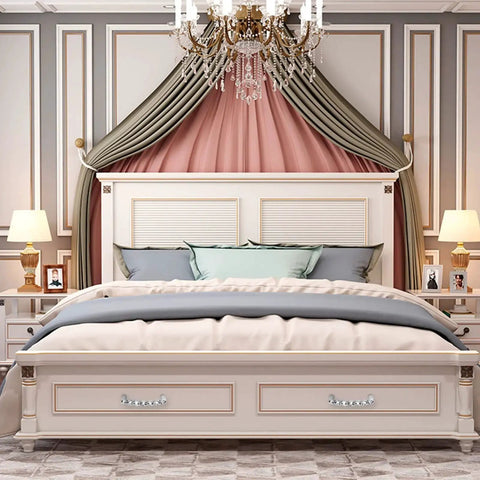 Elegant bedroom with a plush bed featuring two 96mm crystal glass cabinet pulls on the footboard, framed by decorative curtains and a chandelier.