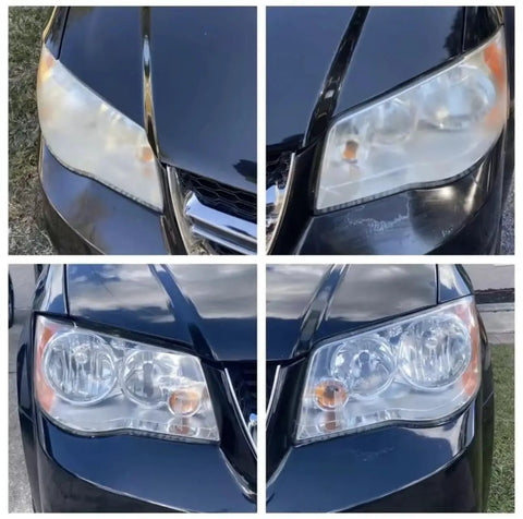 Before and after application of High Gloss Hand Applied Clear Coat For Vehicles Self Leveling Shine Headlights on car