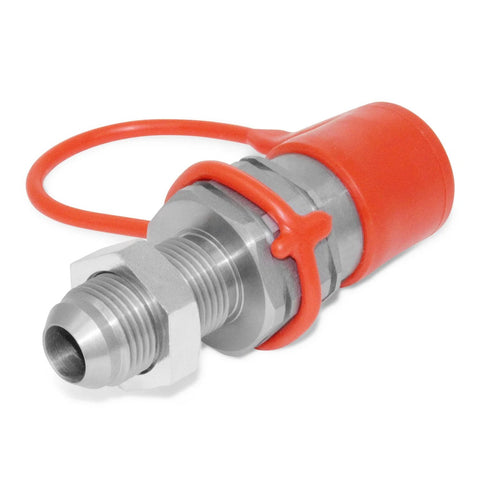 Summit Hydraulics flat face hydraulic quick-connect coupler with red cap, 10 JIC bulkhead skid-steer mount.