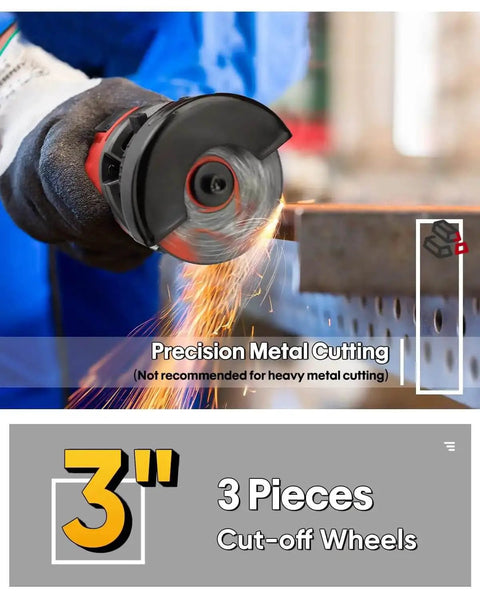 3 Inch High Speed Cut Off Tool With 3.5 Amp Motor And 24000 RPM Metal Cutter Includes Three Cut Off Wheels in use on metal