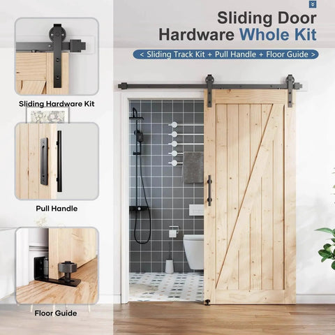 EaseLife 6.7 Foot Sliding Barn Door Hardware Track Kit And Handle In Black with wood door installation