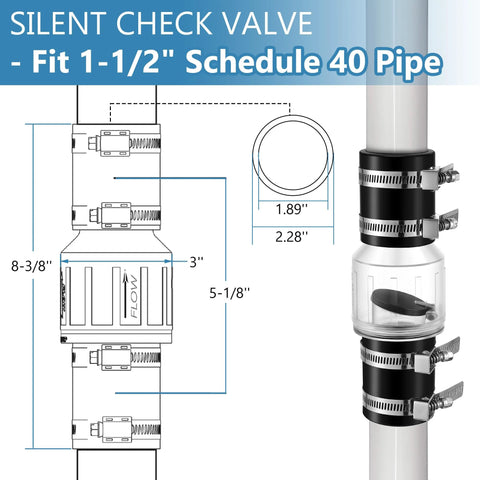 Amazon Ceoighe 1-1/2" silent check valve for sump pump; spring-loaded flapper, backflow prevention, includes 4 stainless clamps.