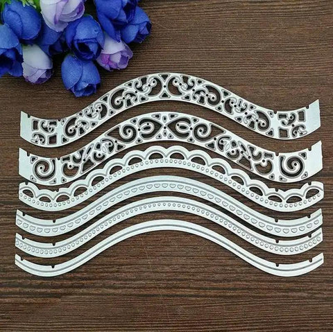Vintage Lace Die Cuts 6 Piece Set With Wavy Border Edges Cutting Dies for DIY card making and scrapbooking, displayed on wood table