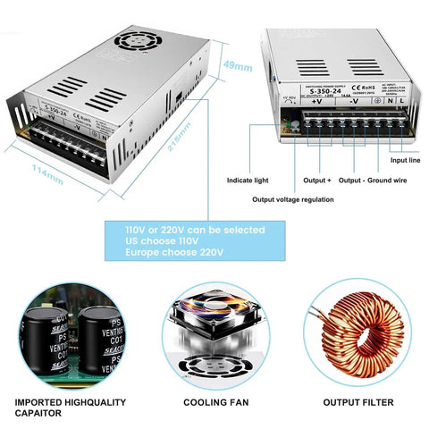 24V 350W power supply for Complete 3 Axis Nema23 Closed Loop Stepper Motor Kit with cooling fan and components