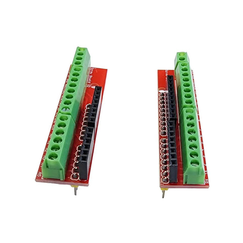 Screw Terminal Block Shield for Easy Solder Free Wire Up on Arduino Uno R3 and R4 Boards, front and side view