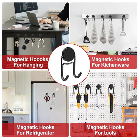 Heavy Duty Magnetic Hooks 50 Lbs Plus Set Of Four Swivel Hooks for kitchenware, tools, and refrigerator use with inverted storage option, black.