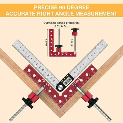 Pro Grade Corner Clamp Set For Woodworking 90 Degree Right Angle Clamps Aluminum Alloy With Extended Five And A Half Inch By Five And A Half Inch Clamping Range Four Pack For DIY Picture Frames Boxes Cabinets And Drawers showing precise measurement with digital display