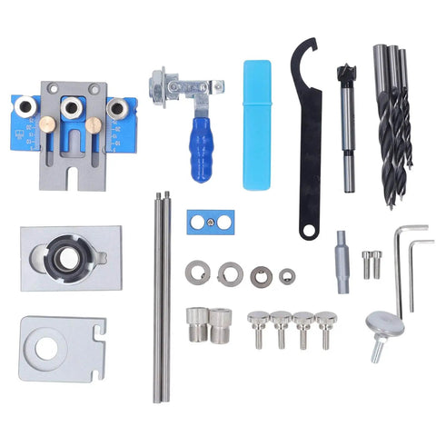 Woodworking Dowel Jig Kit Drill Guide Locator Pro Grade Adjustable Multifunctional Tool with accessories for precise alignment.