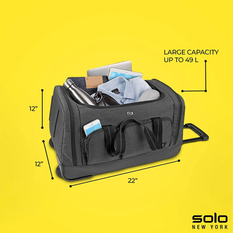 Go-To Rolling Duffle For Travel With Wheels 49L Capacity Carry-On Ready At 12 X 22 X 12 Inches Solo New York Leroy Gray