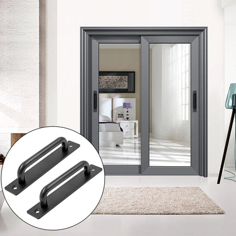 2 Pack Sliding Barn Door Handle Durable 5.9 Inch Aluminum Alloy Pull For Barn Door Gate Cabinet Closet Drawer Garage Shed Black Finish With 4 Mounting Screws Included front view with handles and doors