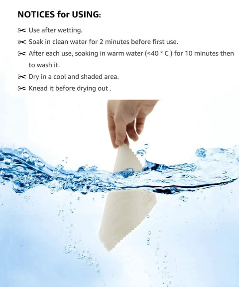 Hand dipping Natural Chamois Cleaning Cloths Four Pack 6x6 For Glasses Lenses Screens in water, with care instructions
