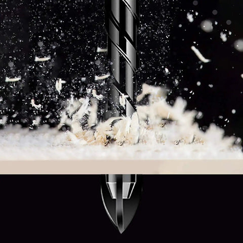 Close-up of Masonry Drill Bit Set For Tile Brick Glass Plastic And Wood With Tungsten Carbide Tip 10 Pcs drilling through material.