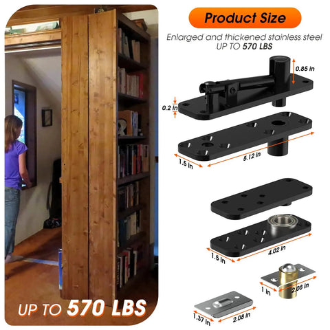 Heavy Duty Pivot Hinge Hardware Kit For Hidden Secret Doors And Bookcase Doors, supports up to 570 lbs, product components view