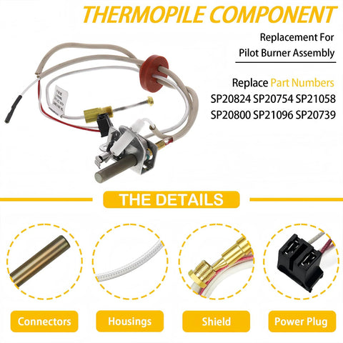 Thermopile sensor component for pilot burner assembly with white lead wires, red insulator, brass fittings, and mounting bracket.