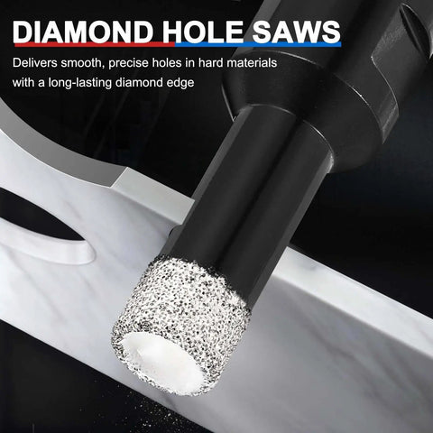4-Piece 1/4 Inch Diamond Core Drill Bit Set With 5/8-11 Thread For Angle Grinders, shown cutting through marble