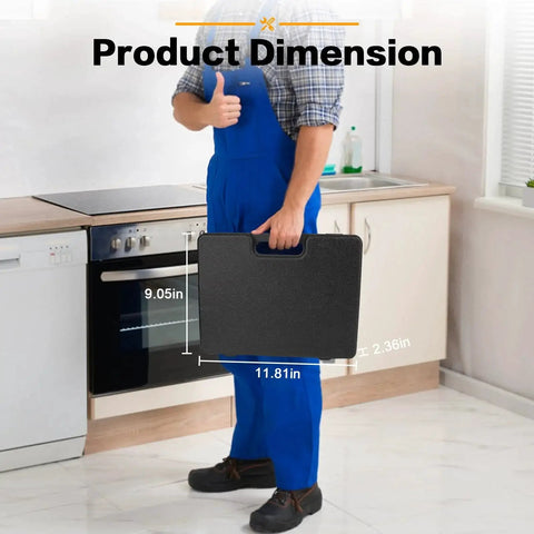 Person holding All In One 17 Piece Rotary Hammer Drill Bit Set with SDS Plus bits and YG8C carbide tips in a durable carrying case in kitchen.