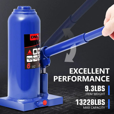Front view of 6 Ton Hydraulic Bottle Jack For Automotive Lifting With Welded Steel Blue showing handle and performance details