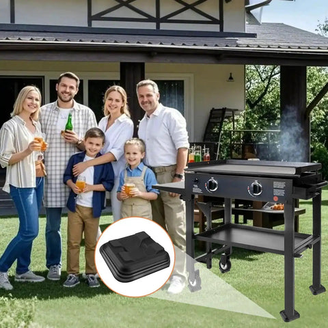 Family grilling outdoors using 8-Piece 1/4 Inch Griddle Leveling Shims Kit For Blackstone Griddle, stackable plastic shims shown.