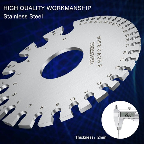 Close-up of Pro Grade Wire Gauge Measuring Tool Set Of 3, Stainless Steel Dual Sided Metal Sheet Thickness Gauge For AWG And SAE Standards.