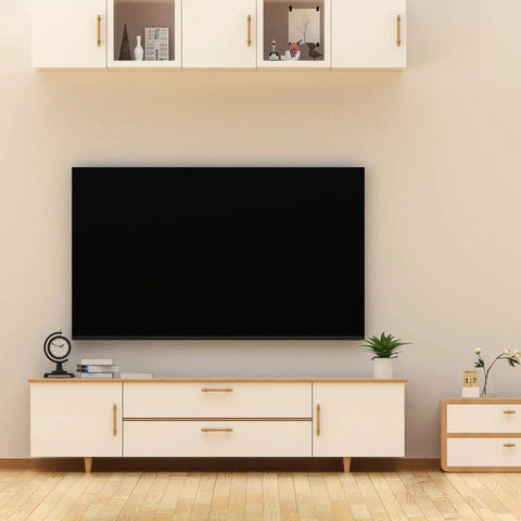 Modern living room with mounted TV and cabinets using Beech Wood Drawer Pulls 10 Pack Gold Finish Cabinet Handles And Knobs for decor.