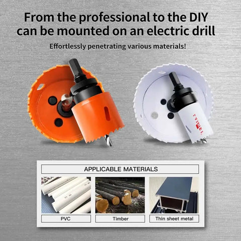 Image of two hole saws and materials. Versatile 20 Piece Hole Saw Kit For Quick Clean Cuts In Thin Metal Sheets Round Water Pipes.