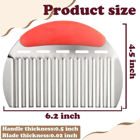 Front view of Large Potato Crinkle Cutter for Potatoes and Veggies Stainless Steel Waffle Fry Slicer with red handle, product size visible.