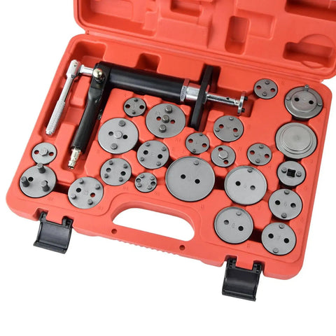 Thsakzo pneumatic brake caliper tool kit with gray metal discs in a red carrying case.
